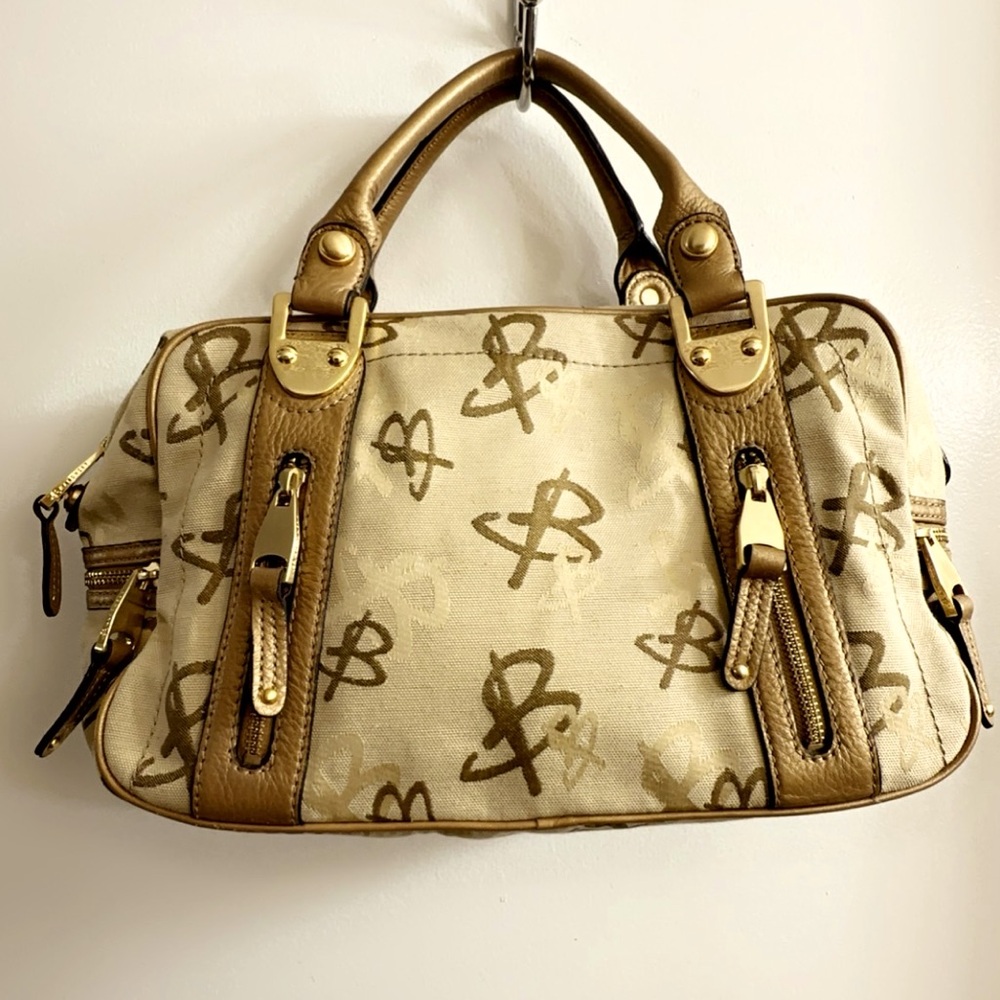 NWOT B.Makowsky Bronze Light Brown Canvas/Leather Shoulder Bag  16” x 8”